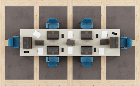 Top view of a modern boardroom with meeting table and floor in concrete and wooden paneling - 3d renderingの写真素材