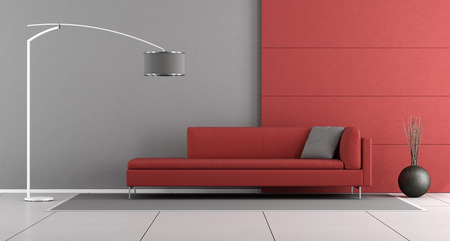 Red and gray modern lounge with modern sofa and floor lamp - 3d renderingの写真素材