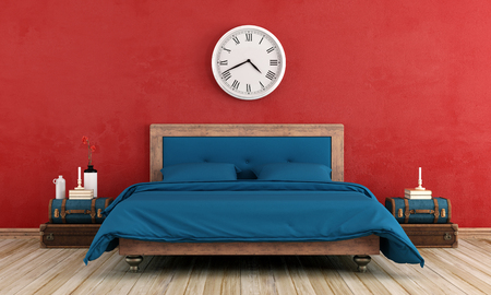 Vintage master bedroom with blue bed and red old wall - 3d renderingの写真素材