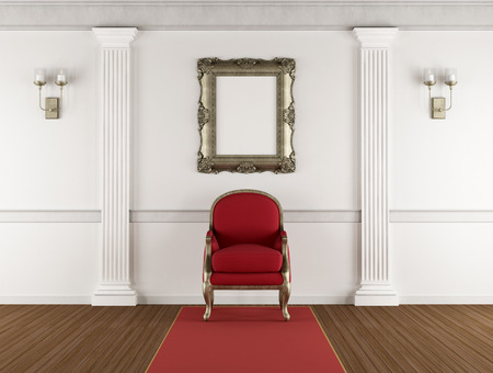 White classic living room with red armchair, pilaster and blank golden frame on wall - 3d rendering