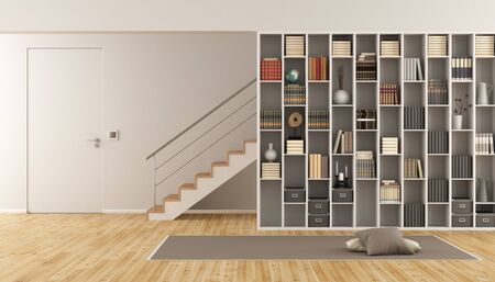 Modern Living room with bookcase ,staircase and closed door - 3d renderingの写真素材