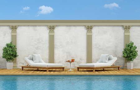Outdoor swimming pool with white chaise pool lounge - 3d renderingの写真素材