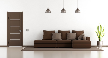 White and brown living room with sofa and closed door - 3d renderingの写真素材