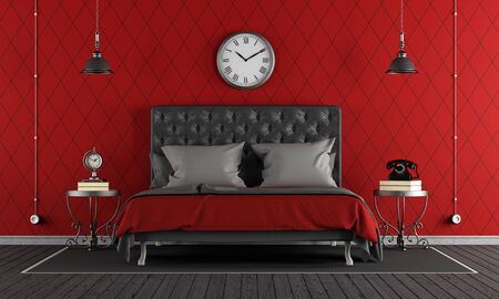 Black and red classic bedroom with elegant double bed - 3d renderingの写真素材