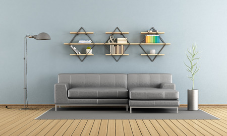 Modern living room with gray sofa and shelves on wall - 3d renderingの写真素材