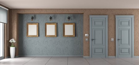 Empty living room with closed doors and frame on wall - 3d rendering