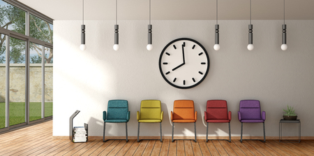 Waiting room with colorful chairs on white wall with big clock - 3d renderingの写真素材