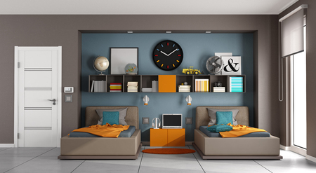 Colorful kids room with two singles bed aand bookcase - 3d renderingの写真素材