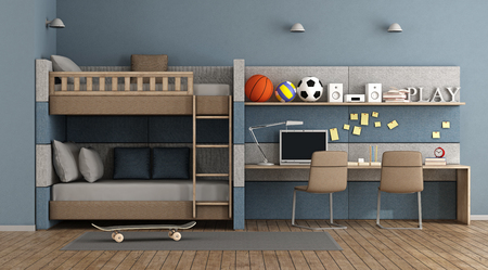 Blue Teen room with bunk bed , desk and chair - 3d renderingの写真素材