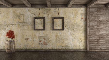 Empty grunge interior with old wal,wooden paneling and bonsai on barrel - 3d renderingの写真素材