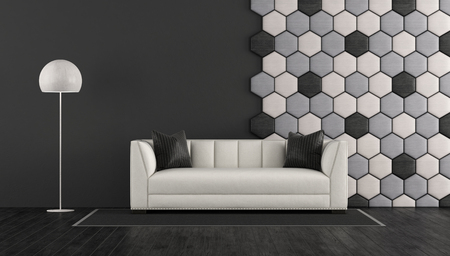 Black and white living room with elegant sofa and wooden hexagonal panel on wall - 3d renderingの写真素材
