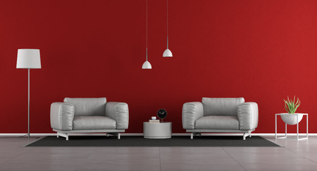 Minimalist living room with two armchairs against red wall - 3d renderingの写真素材