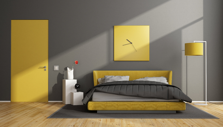 Gray and yellow modern bedroom with double bed and closed door - 3d renderingの写真素材
