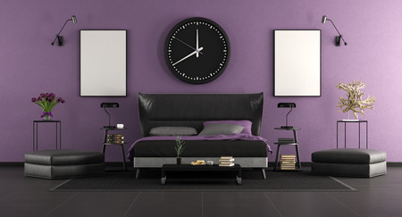 Black and purple master bedroom with elegant double bed and decor objects - 3d renderingの写真素材