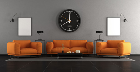 Modern living room with orangesofa and armchairs - 3d renderingの写真素材