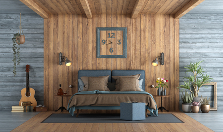 Master bedroom in rustic style with blue double bedroom against wooden paneling 3d renderingの写真素材