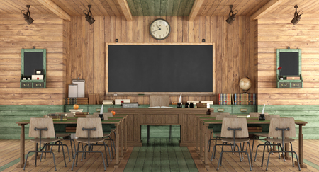 Wooden classroom in retro style with school desk without student - 3d renderingの写真素材
