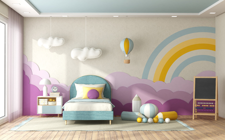 Child bedroom with single bed and decoration on background wall in pastel colors- 3d renderingの写真素材