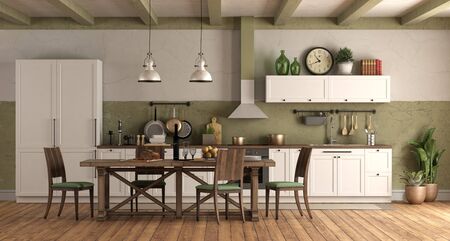 Retro style kitchen with old wooden dining table, chairs and bookcase - 3d rendering