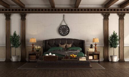 Retro style master bedroom with leather double bed,wooden columns and roof beams - 3d renderingの写真素材