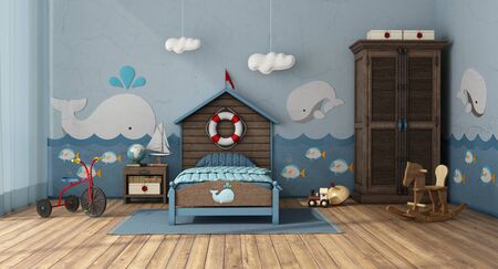Retro style kids room in marine style with single bed and toys - 3d renderingの写真素材