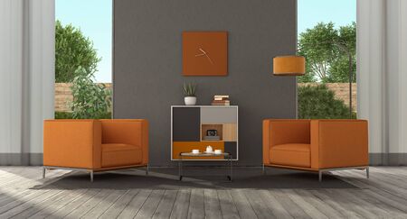 Minimalist living room with orange armchairs and sideboard - 3d renderingの写真素材