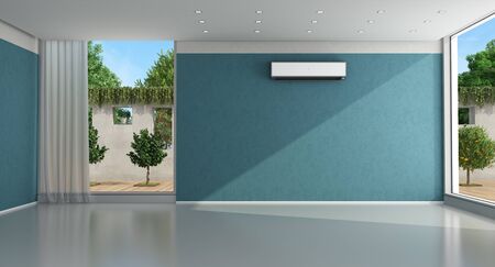 Empty blue home interior with air conditioner and garden on background - 3d renderingの写真素材