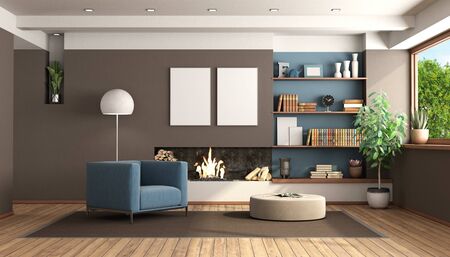 Modern living room with fireplace with brown wall and blue armchair - 3d renderingの写真素材