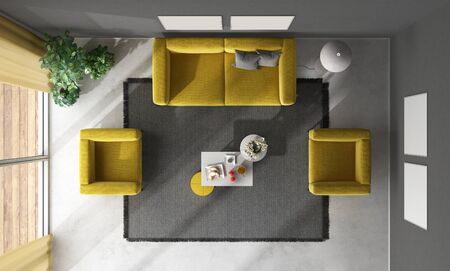 Top wiew of black and yellow living room with sofa,armchairs and coffee table - 3d rendering