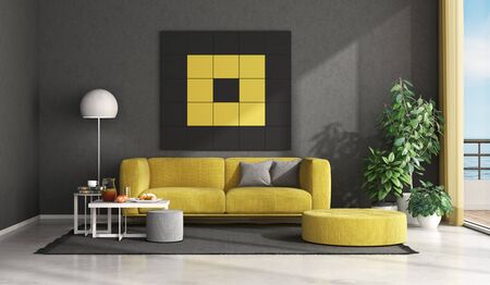 Black and yellow modern living room with sofa,footstool and coffee table - 3d rendering
