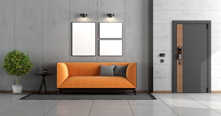 Home entrance with front door and orange modern sofa against concrete wall - 3d renderigの写真素材