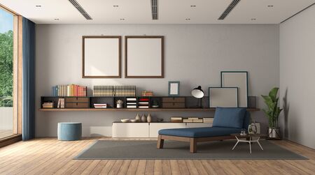 Minimalist living room with sideboard , chaise lounge and air conditioning system on the ceiling - 3d renderingの写真素材