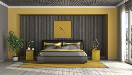 Black and yellow modern master bedroom with double bed against wooden panel - 3d renderingの写真素材
