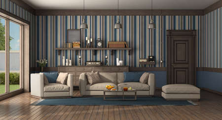 Classic style living room with modern sofa and armchair. old door and chest of drawer on background...