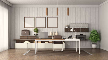 Modern office interior with desk, sideboard and wooden wall on background - 3d renderingの写真素材