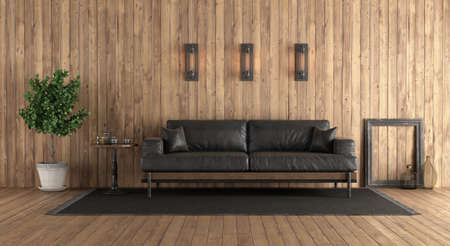 Retro style wooden room with black leather sofa - 3d rendering