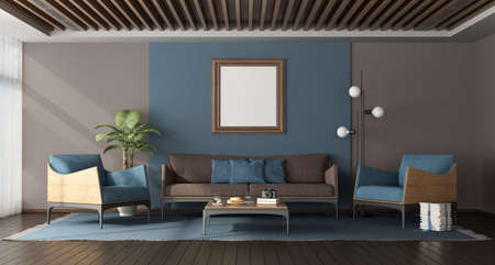 Blue and brown modern living room with elegant sofa, armchairs and wooden ceiling - 3d renderingの写真素材