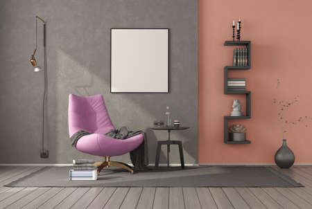 Relaxation room with pink armchair, coffee table and little bookcase - 3d rendering