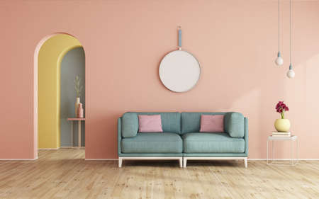Minimalist living room interior with sofa with archway and niche on background- 3d rendering