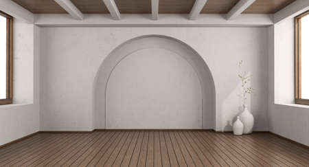 Empty white room with arch wall, hardwood floor and wooden ceiling - 3d renderingの写真素材