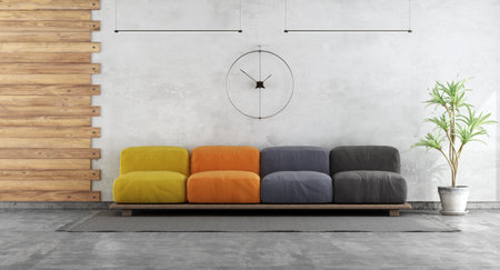 Poster mockup in in a minimalist room with purple wooden armchairs - 3d rendering