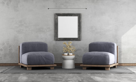 Poster mockup in in a minimalist room with purple wooden armchairs - 3d rendering