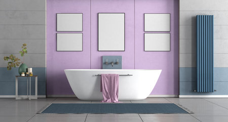 Colorful bathroom with bathtub against purple wall and blue heater - 3d renderの写真素材