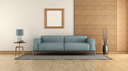 Modern living room with blue sofa against wood paneling - 3d renderingの写真素材
