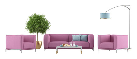 Pink living room set with two armchairs,sofa and floor lamp isolated on white background - 3d...