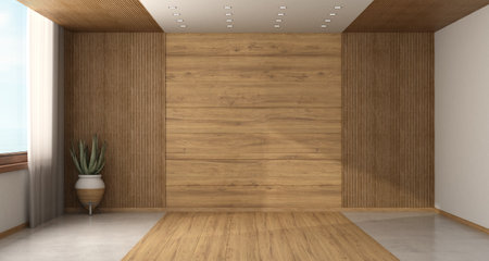 Empty room with wood paneling, potted plant and window - 3d renderingの写真素材