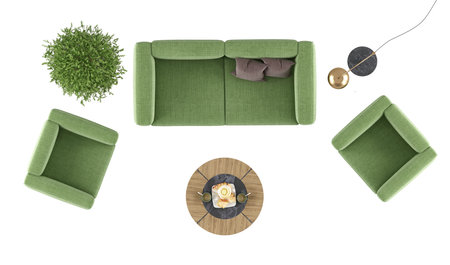 High angle of a living room with green sofa and armchairs isolated on white background - 3d renderingの写真素材