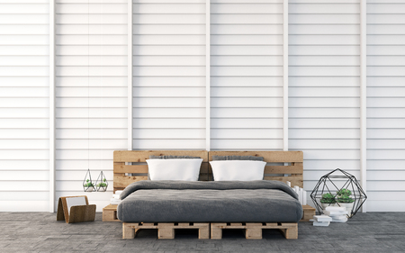Loft bedroom with wood wall 3D renderingの写真素材