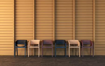 Wood wall and wood chairs for waiting area, 3D renderingの写真素材