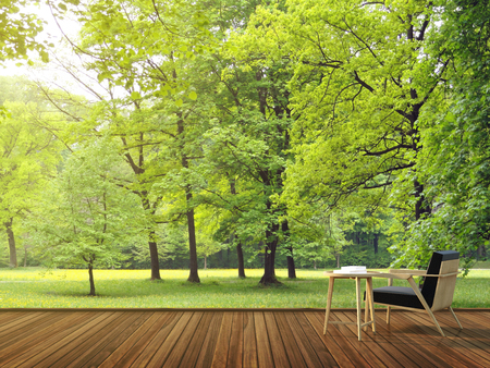 Simple armchair on wood deck in green forest 3D renderingの写真素材